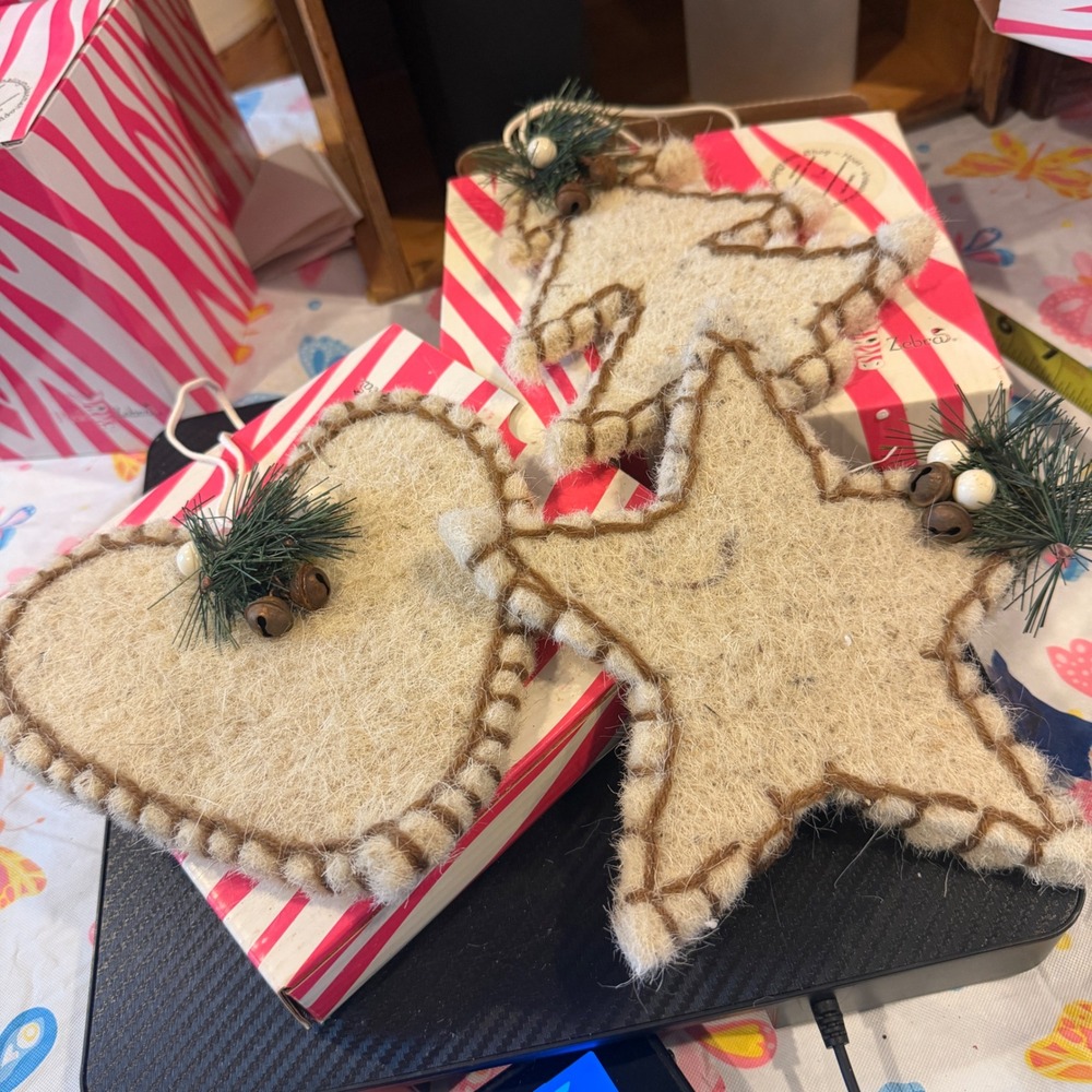 Pink Zebra Rustic Wool Felt SoakerChristmas Ornament Set 3pc Heart Star Tree